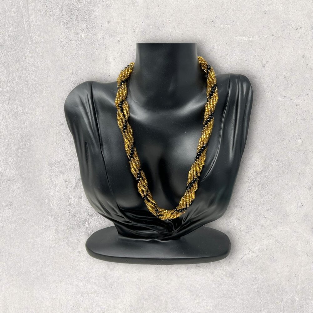 Beaded Necklace Black Gold Braided Elegant Evening